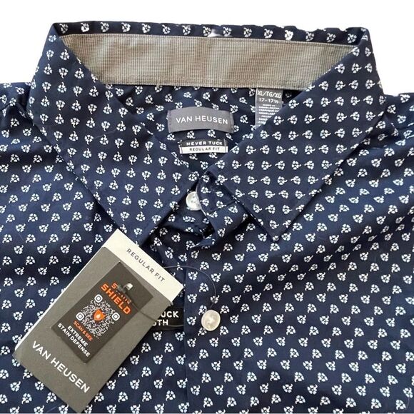 Stain Shield Never Tuck Long Sleeve Regular Fit Floral Navy Shirt - Picture 5 of 12